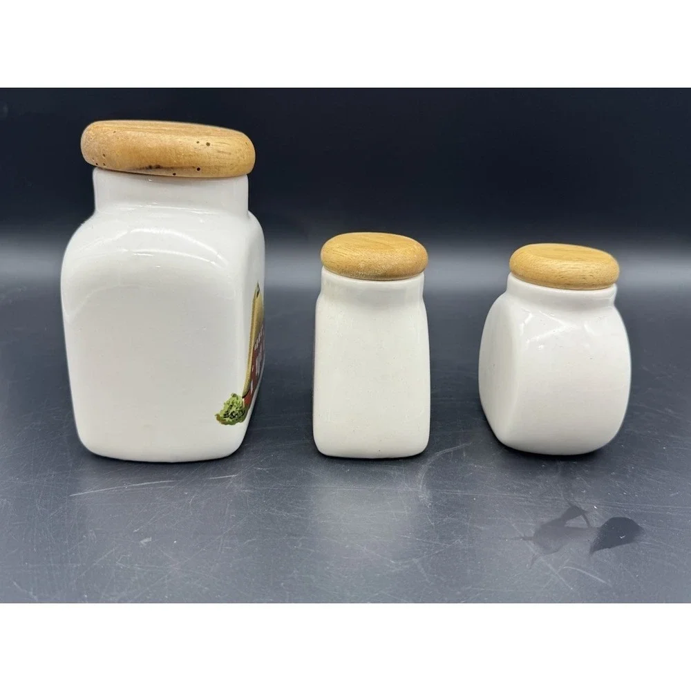 European Ceramic Canister Jars 3pc Wooden Lids Cottage Farmhouse Kitchen Decor